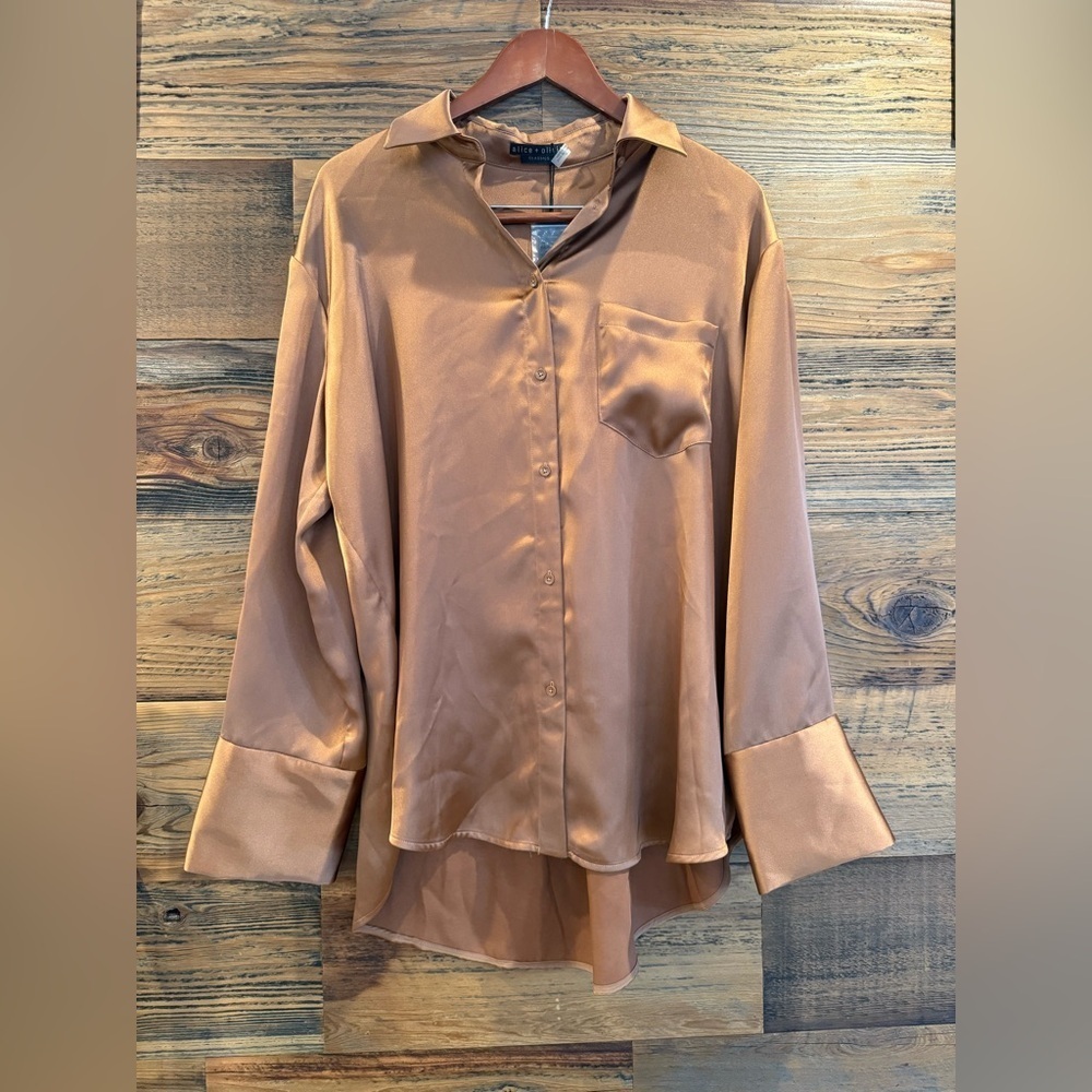 Alice + Olivia Finley Utility Oversized Copper Satin Blouse NWT - Picture 8 of 15